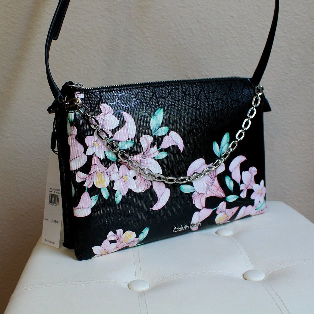 Calvin Klein Black Floral Chain Purse NWT